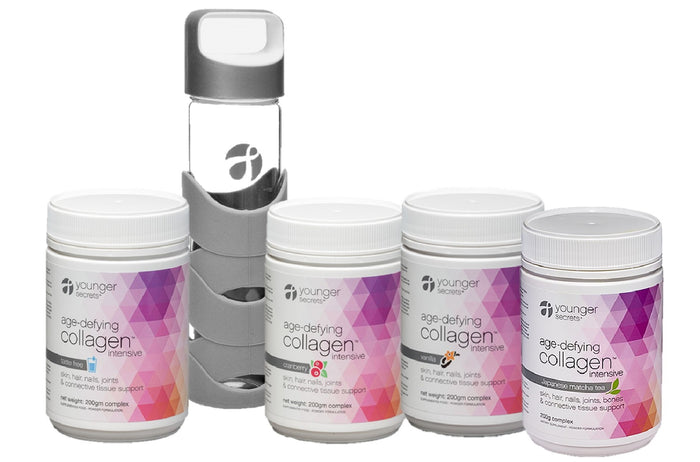 age-defying collagen™ intensive value pack with glass sports bottle - 4 flavours (taste free, vanilla, cranberry, matcha)